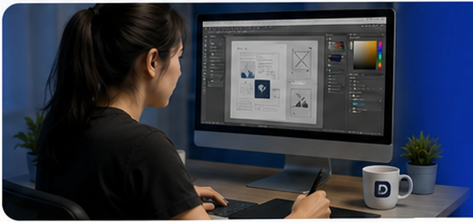 Designer working on a visual layout at a desktop computer
